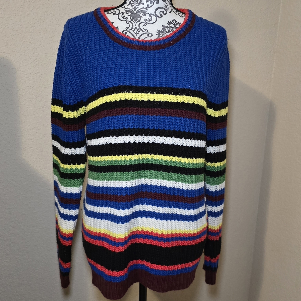 48. Pink Rose XL Striped Knit Sweater – Bright Multicolor Pullover Cozy Casual
